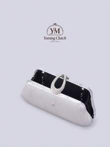 【Shiny Evening Bag】女士金屬質感 PU 手拿包，水滴形水鑽扣飾盒型包，輕奢晚宴包，可肩背斜跨小方包，適合婚禮、派對、生日、舞會 - 銀色 - 查看 4