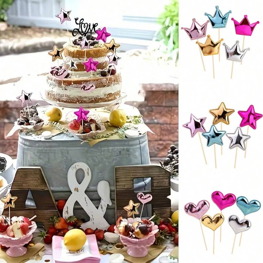 150pcs PU Heart-Shaped Cupcake Toppers, Colorful Cake Decorations, Crown And Star Cake Toppers, Suitable For Weddings, Parties, Birthdays, Baking, DIY Desserts, Fruits, Cakes - Multicolor - View 1