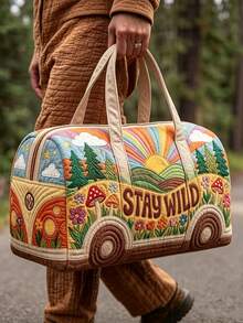 1件波希米亞復士圖案旅行包，印有自然風景與「STAY WILD」口號，充滿活力與自由感。寬敞的手提包設計，適合短途旅行、健身房或衣物收納。它是您探索世界的時尚伴侶，讓每一次旅程都充滿意義與活力。節日禮物的絕佳選擇 - 彩色 - 查看 3