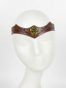 1 pieza Diadema de cuero PU vintage con grabado de hoja y decoración de rosa dorada, tiara de cosplay de elfo medieval renacentista, accesorio de Halloween - A - Ver 5