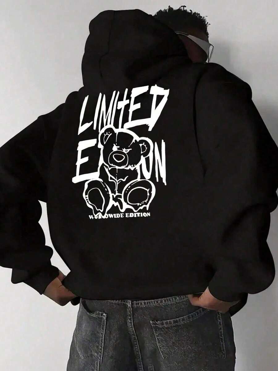 Men's Casual And Versatile Sweatshirt With Letter Print, Cartoon Bear, Kangaroo Pocket, Drawstring, For Autumn/Winter - Negro 2 - View 1