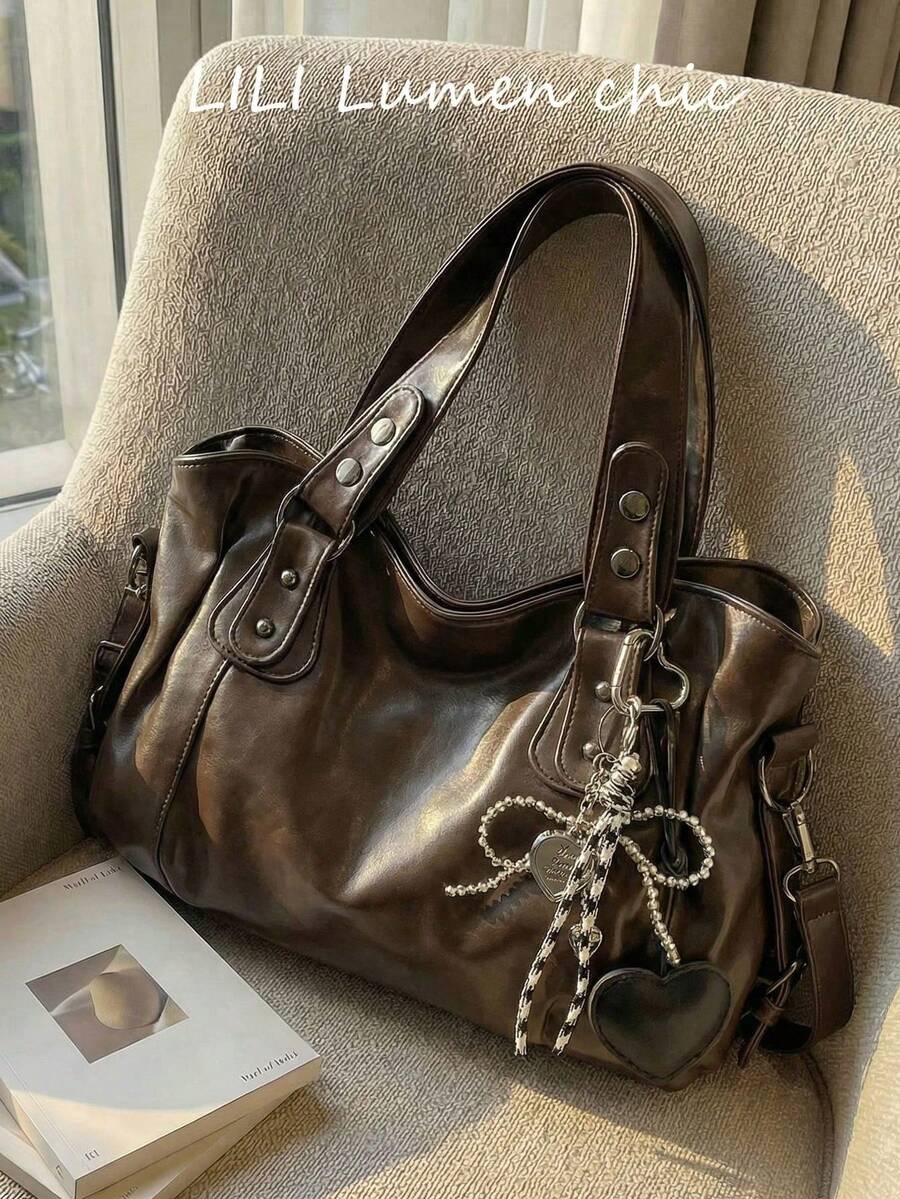 This Is A Stylish And Versatile Shoulder Bag. It Has A Large Capacity, A Solid Color Design, And Is Made Of Vintage PU Material. A Perfect Choice For Going To Work, With An Ape - 銀色 - 查看 1