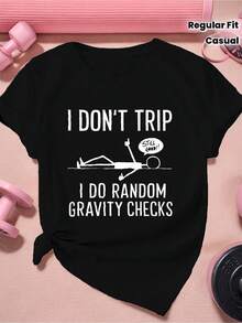 Camiseta de manga corta para mujer I DON'T TRIP Design |   Cuello redondo informal, corte regular, patrón geométrico - Negro - Ver 1