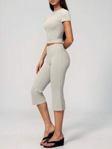 TimeOff Women's One Set Solid Color Round Neck Cropped Short Sleeve Flared Mid-Length Pants Sports Outfit - Grey - View 3