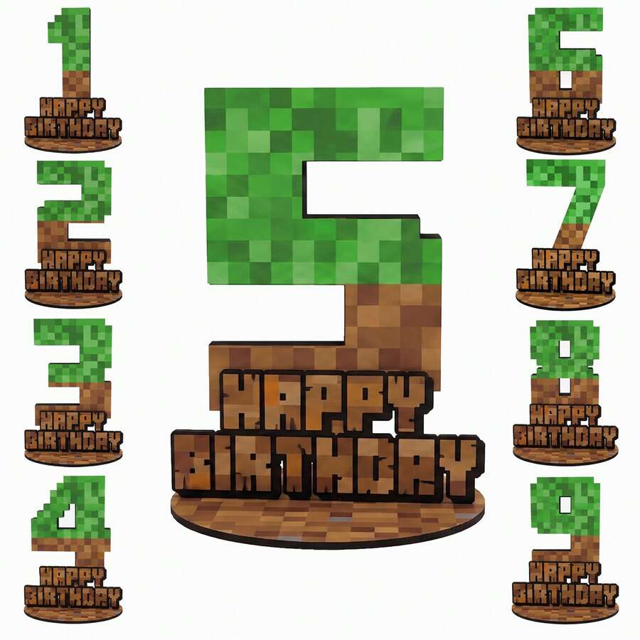 绿色世界主题生日数字摆件，世界主题数字展示板，木质桌面生日装饰道具，拍照道具 - 綠色世界積木擺飾 - 查看 1