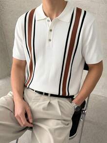 Camisa de punto de manga corta con media abertura de botones y diseño de bloques de color a rayas para hombre - Blanco - Ver 1