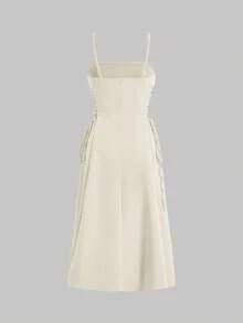 MOD Long Red Evening Dress With Pleats At The Bust And Lacing At The Sides, Summer Dresses For Women - 鵝黃色 - 查看 1