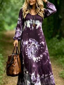 Gaun Malam Formal Wanita Ukuran Besar dengan Leher Bulat dan Lengan Panjang, Motif Tie-Dye - Purple - View 2