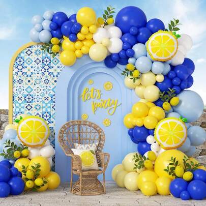 119pcs Lemon Balloon Arch, Includes Light Blue, Yellow And White Lemon Balloons, Suitable For Baby Shower, Wedding, Bridal Shower And Birthday Party Decoration