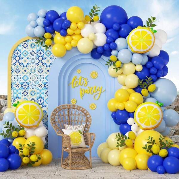 119pcs Lemon Balloon Arch, Includes Light Blue, Yellow And White Lemon Balloons, Suitable For Baby Shower, Wedding, Bridal Shower And Birthday Party Decoration