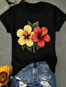 Suave 1 pieza de camiseta blanca para mujer con estampado de flores de hibisco, cuello redondo, camiseta casual de algodón, tejido de punto de elasticid,100 % algodón,ropa deportiva de mujer - Negro - Ver 1