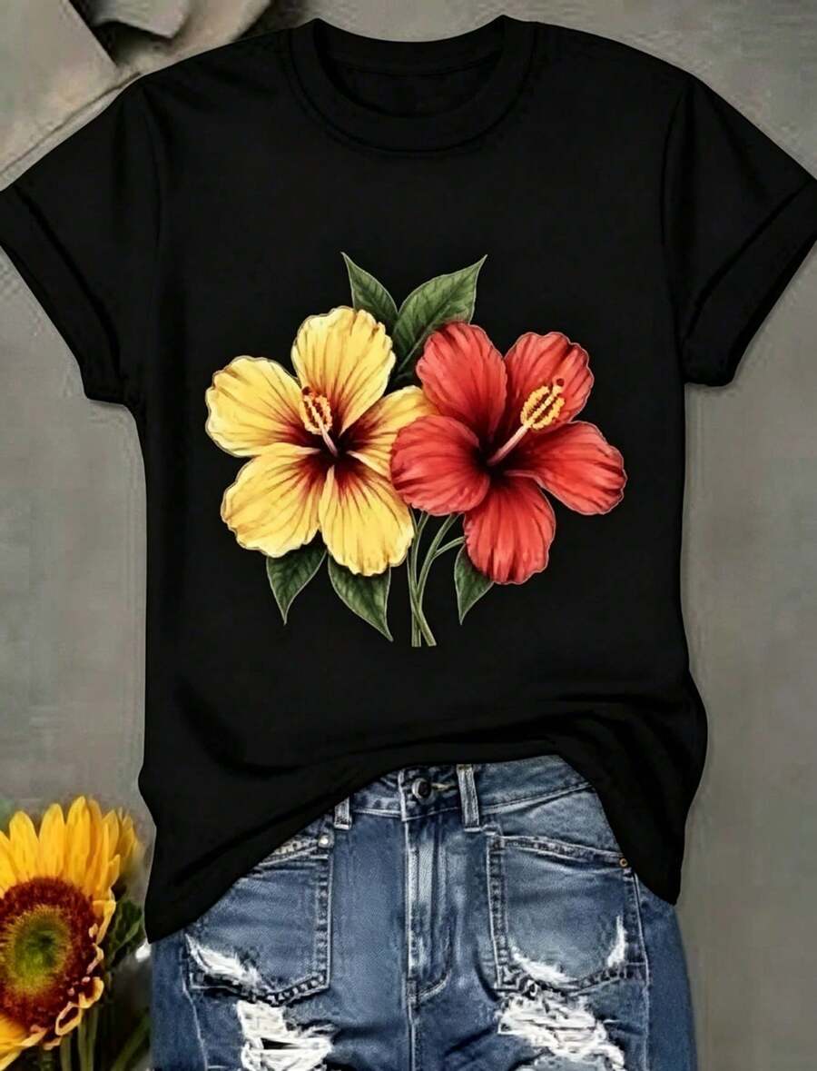 Suave 1 pieza de camiseta blanca para mujer con estampado de flores de hibisco, cuello redondo, camiseta casual de algodón, tejido de punto de elasticid,100 % algodón,ropa deportiva de mujer - Negro - Ver 1