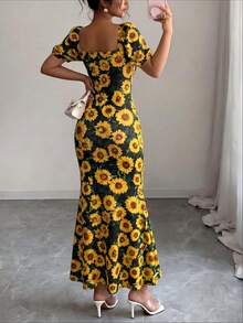 Full Body Print Bohemian Elegant Beach Vacation Dress Women Spring Autumn Sunflower Floral Dress White Background Sunflower Ruched Square Neck Summer - Black - View 2