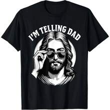 "I'm Telling Dad," Christian Religious T-Shirt With Jesus Meme, Made Of Cotton Fabric, Casual Streetwear, Informal Summer Crew Neck T-Shirt, Viral Graphic T-Shirts. - 白色 - 查看 2