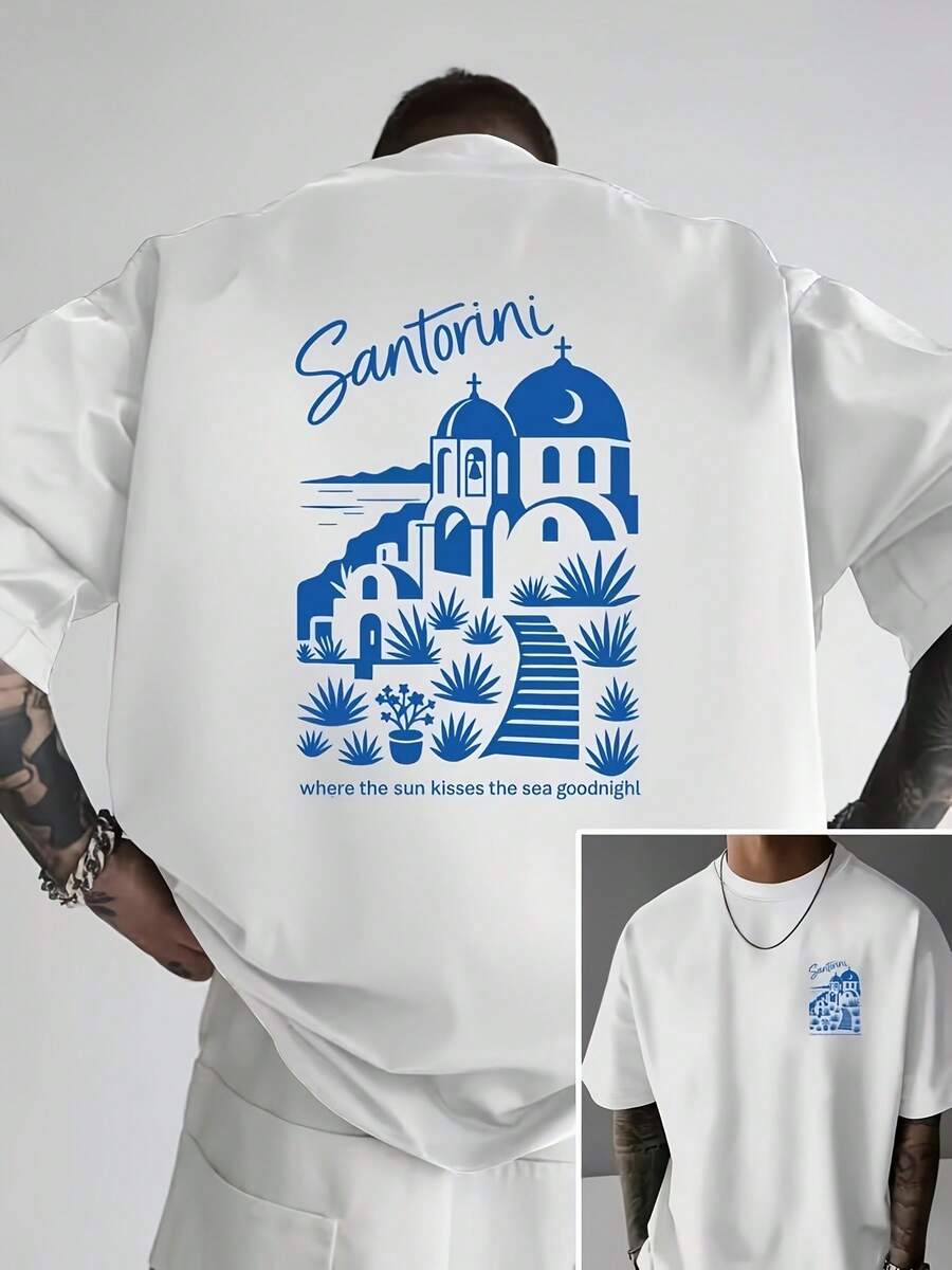 Tops, Romantischer Urlaubsstil Santorini Insel Sonnenuntergang Stimmung Handgemaltes Textmuster Sommer Neues Herren-T-Shirt, Amerikanisches Vintage High Street Bedrucktes Kurzarm-Herren-T-Shirt - Weiss - Übersicht 1