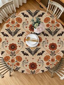 1 Stück Halloween Vintage Blumen Fledermaus Milchseide Polyester elastische Tischdecke, waschbare Esszimmertischdecke für Zuhause, Esszimmer, Wohnzimmer, Küchendekoration, geeignet für Jahrestag, Geburtstagsgeschenk und andere Anlässe - Verschiedenfarbig - Übersicht 5