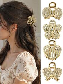 2 Stück süße elegante leichte Vintage Gold Strass Cut Out Blumen Herz Schleife Haarspangen für den Hinterkopf, Luxus Voll Strass Metall Haarspangen - Verschiedenfarbig - Übersicht 7