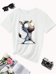 Pure Cotton T-Shirt, Surprise Zebra Print, Stylish Women's Clothing, Curvy Women's Clothing, Cute Outfits, Sexy, Women's Vacation Wear, Cosplay, Many Koreans Bought It - 白色 - 查看 4