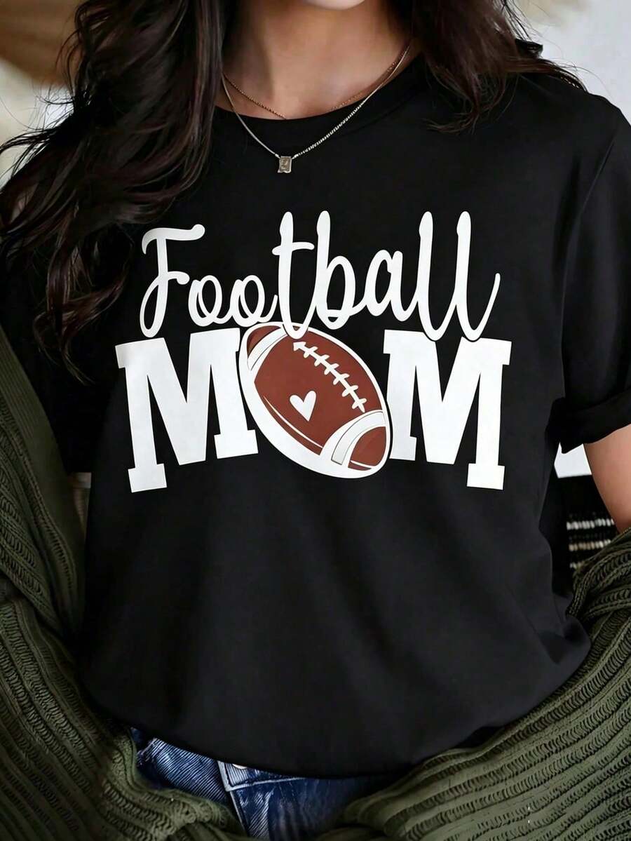 Women's Casual Blouses: White T-Shirt With "Football MOM" Graphic And Heart Detail, Short Sleeve American Football Sports Shirt, Game Day Top, Casual Blouse - 黑色 - 查看 1