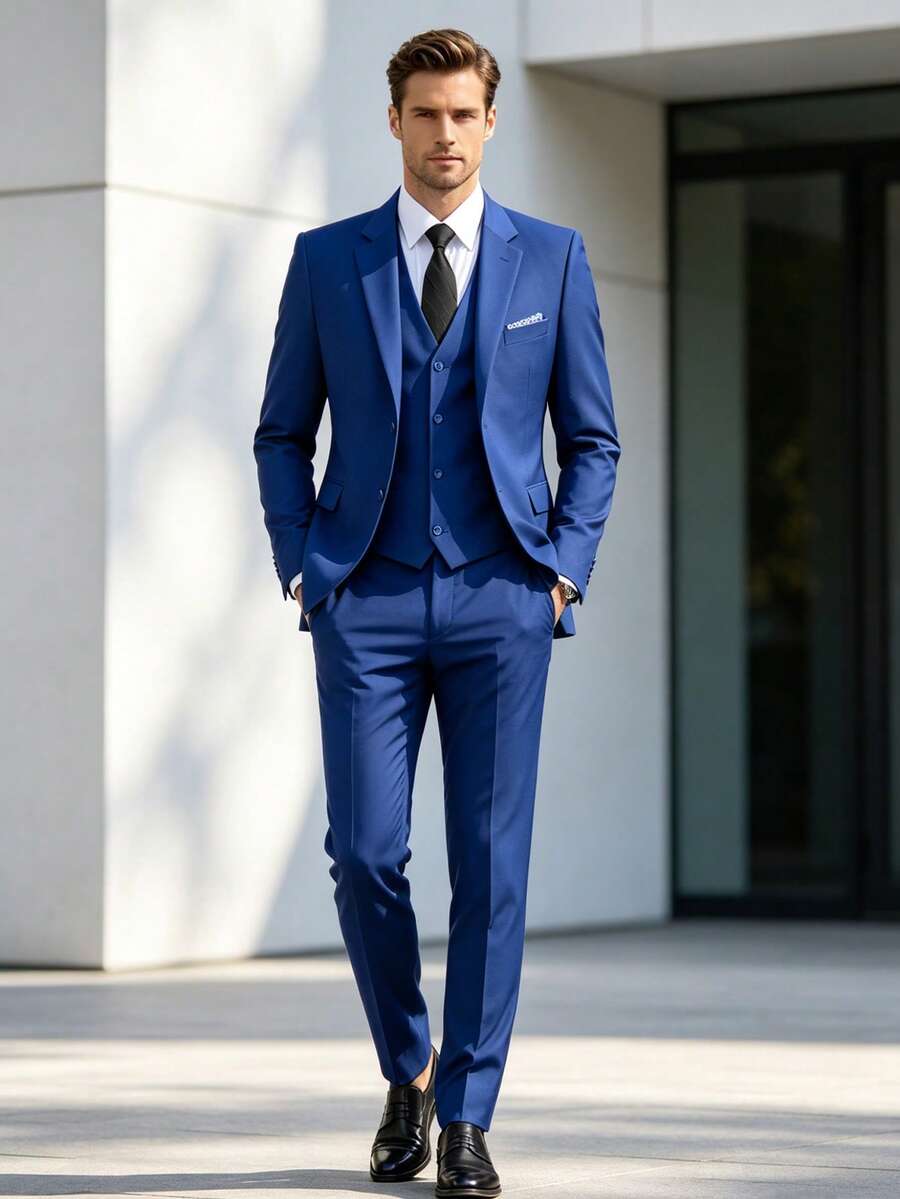 WindsorQuad 男士 3 件式優雅西裝套裝，純色修身單排扣婚禮西裝外套、背心、長褲與領帶套裝，正式派對商務