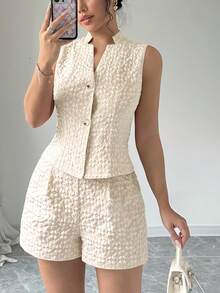 Camiseta sin mangas y shorts jacquard liso.Conjunto elegante de 2 piezas.Fresco, moderno y perfecto para looks diarios. - Rojo - Ver 2