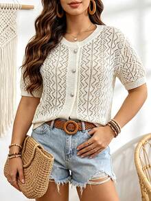 Plus Size Solid Color Casual Fashion Round Neck Hollow Out Button Knit Cardigan Summer - Apricot - View 2