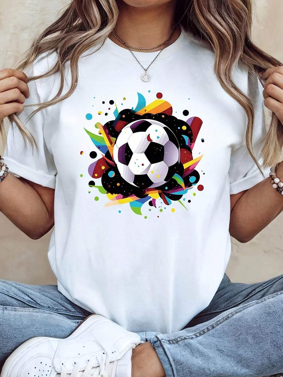 Camiseta de Mujer con Diseño Artístico de Fútbol Colorido - Decoración con Patrón de Fútbol, Manga Corta Casual, Top Diario Moderno para Amantes del Fútbol, ropa de mujer - Blanco - Ver 1