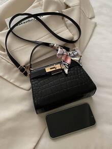 Mini bolso de mano cuadrado de moda de unicolor con solapa de PU - Negro - Ver 8
