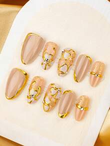 10Pcs Short Almond Press On Nails, Nude Shimmer Cat Eye Fake Nails With 3D Gold Asymmetric Lines, Heart Frame Pearl & Rhinestone Decor, Full Cover Reusable False Nail Tips For Wedding Dating Daily - 彩色 - 查看 1