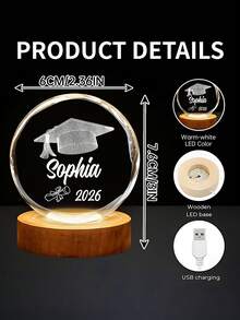 1pc Customized Name Text 3D Laser Engraved Graduation Cap Diploma Crystal Ball Night Light, Natural Wood USB Base, Warm LED Soft Light Graduation Commemorative Gift, University High School Graduate Gift, Dorm Desk Decor, Bedside Atmosphere Lamp, Graduation Party Tabletop Ornament - Multicolor - View 7