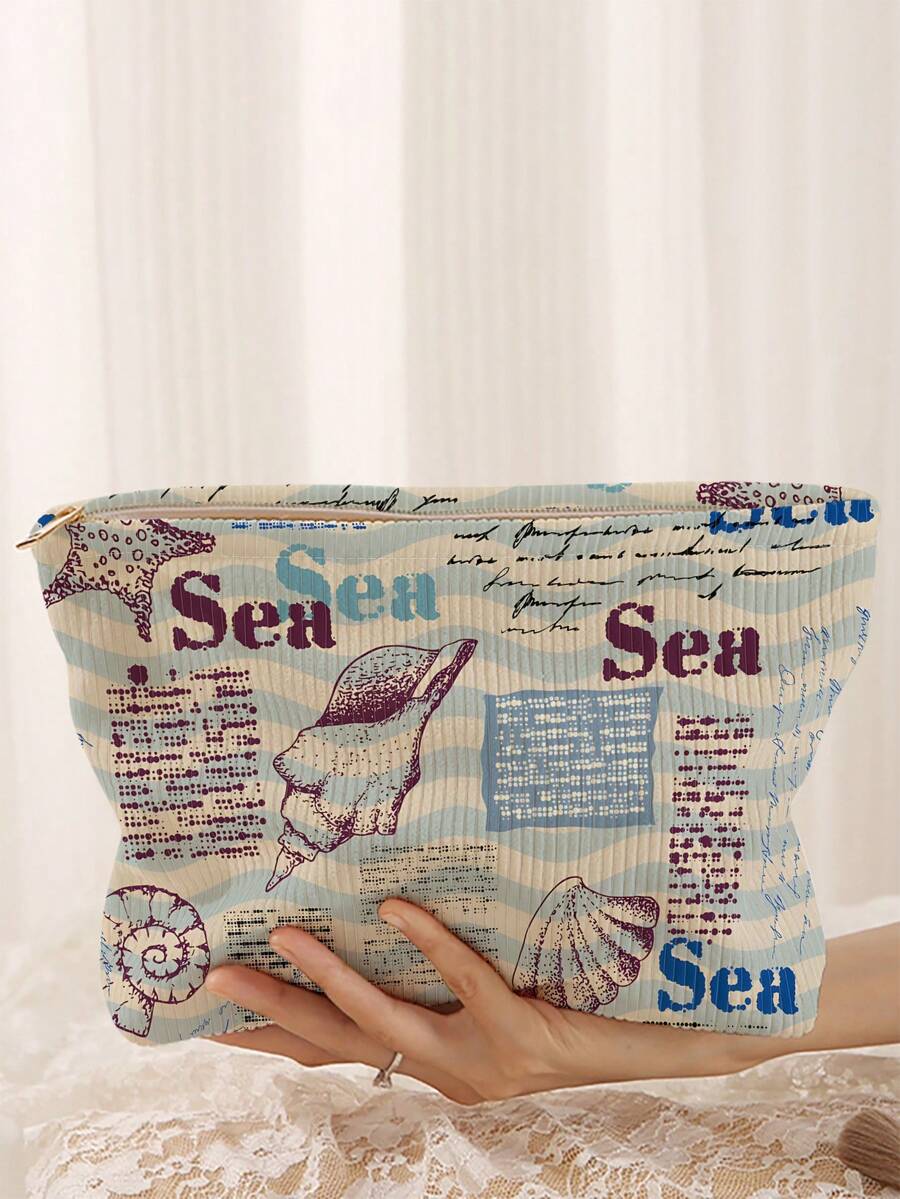 1pc Portable Cosmetic Storage Bag With Seashell & Starfish Ocean Pattern, Double-Sided Print, Travel Zipper Makeup Bag, Multi-Functional Toiletries Organizer - Multicolor - View 1