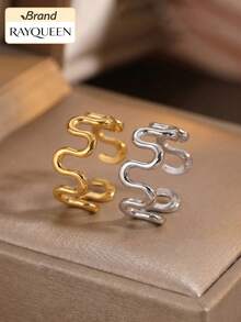 RAYQUEEN 1pc Stainless Steel Wave Design Open Ring For Women, Suitable For Daily Wear - Ring - View 3