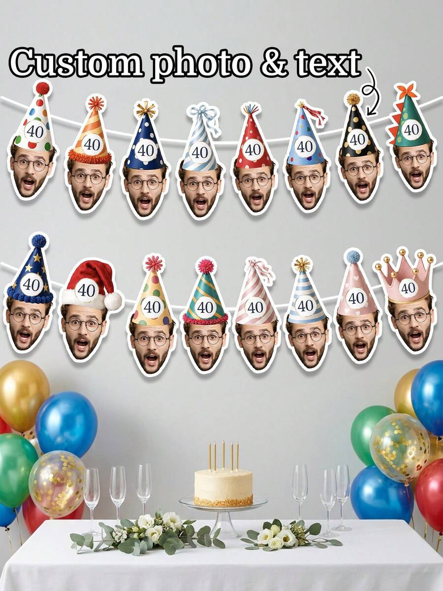 8/16/24pcs Customized Photo Age Party Hat Banner, Multiple Fun Party Hat Styles, Personalized 40th Milestone Surprise Birthday Banner, Wall Hanging Decor, Home Decoration, 30th/40th/50th/60th Birthday Party Bunting - Multicolor - View 1