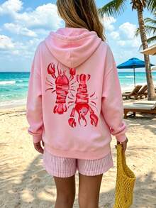 Women's Plus Size Thin Hooded Sweatshirt, Long Sleeve, Pink Lobster Print, Summer Beach Club Casual Fashion Sweatshirt, Comfortable Women's Autumn/Winter Daily Wear, Suitable For Daily Outings, Parties, School, Music Festivals, Vacations And Commuting. Can Be Given As A Gift To Family, Boyfriend, Girlfriend, Friends, Ideal Autumn/Winter Clothing For Girls. - Pink - View 2