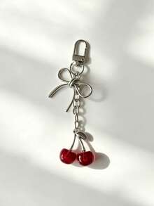 1pc Realistic 3D Cherry Bow Keychain Decoration, Bag Accessory, Phone Charm Pendant - A - View 6