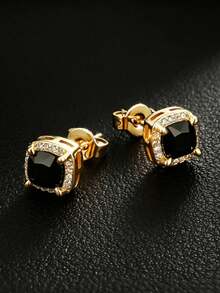 1pc Vintage Square Black Zirconia Men's Stud Earring, Gold Plated Couple Earring, Daily Music Festival Party Hip-Hop Accessory, Anniversary Birthday Gift For Boyfriend - Earrings - View 7