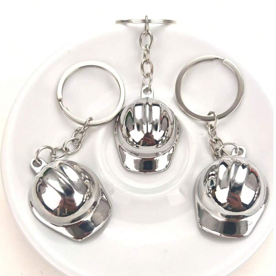 3pcs Minimalist Engineering Hat Keychain, Fashionable Personalized Alloy Simulated Safety Helmet Car Bag Pendant, Daily Wear, Holiday Gift For Friends And Family - Silver - View 1