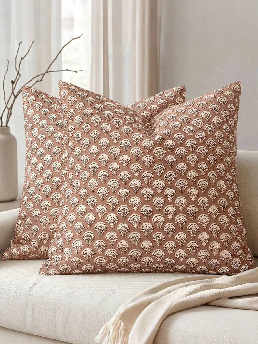 1pc Decorative Floral Pillow Case, Neutral Vintage Style, Block Print Bohemian Farmhouse, Modern Spring Home Decor, For Sofa Bed, Bedroom Living Room Dorm Decor, Throw Pillow Cover, Pillowcase - Almond Color - View 1