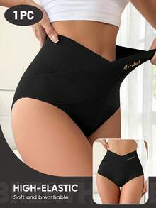 MIOTAN 1pc Women's Mid-High Waist Panties, Cross Strap Design, Solid Color, Tummy Control, Elastic, Shaping, Snug Fit, Soft, Breathable - Black - View 4