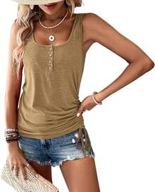 Plain T-Shirt With U-Neck, Buttons, Loose Fit, Short Sleeves, Drawstring, Women's Spring-Summer European-American - 淺棕色 - 查看 1