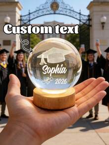1pc Customized Name Text 3D Laser Engraved Graduation Cap Diploma Crystal Ball Night Light, Natural Wood USB Base, Warm LED Soft Light Graduation Commemorative Gift, University High School Graduate Gift, Dorm Desk Decor, Bedside Atmosphere Lamp, Graduation Party Tabletop Ornament - Multicolor - View 3