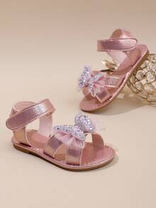 1 Pair Of Girls' 3D Mesh And Rhinestone Butterfly Glitter Hook And Loop Open-Toe Flat Sandals, Sweet Princess Style, Perfect For Everyday Summer Wear. - Pink - View 6