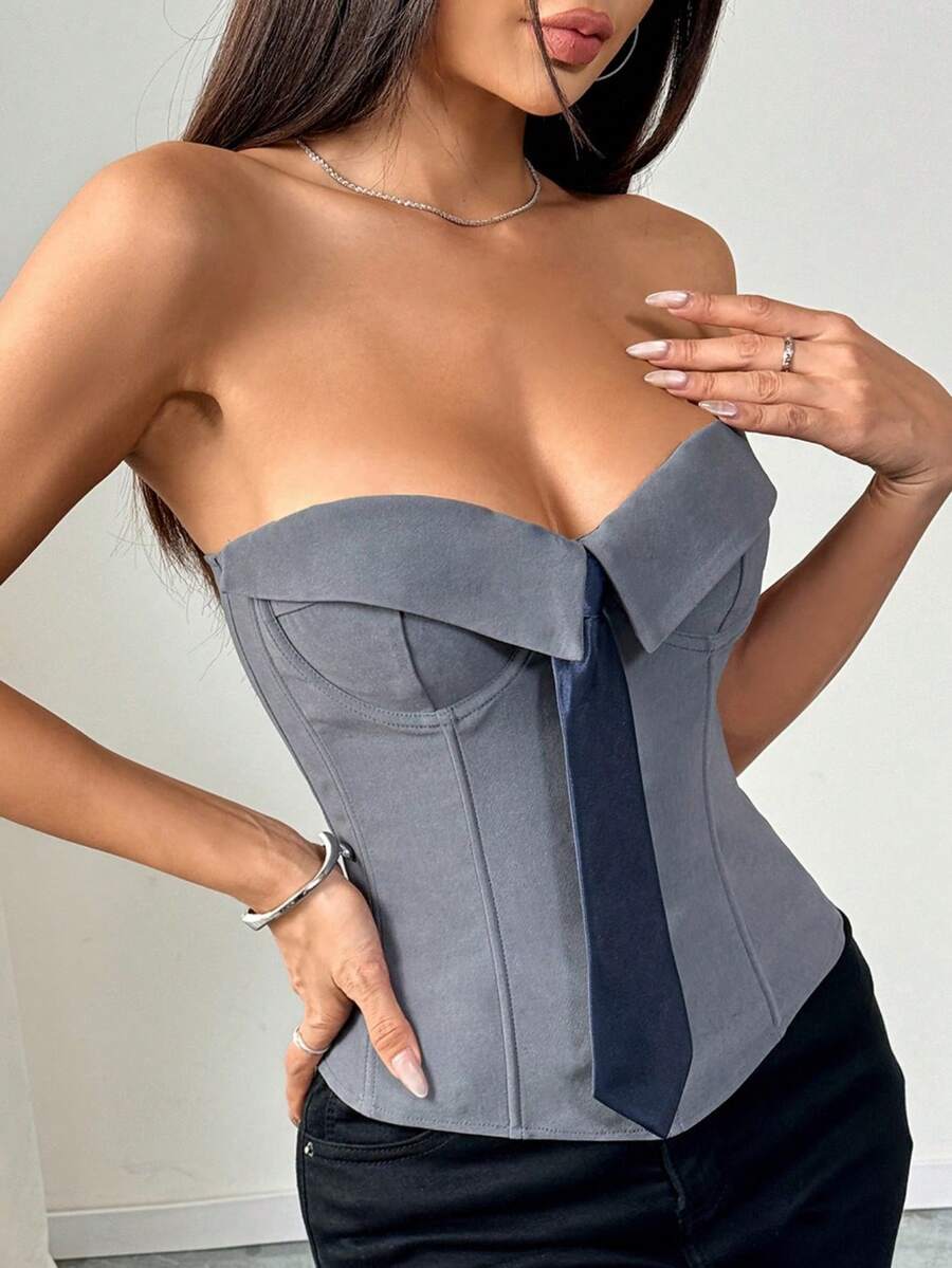 Modern Plain Tray Top With Bow, Girl Style For European Street Looks - Grey - View 1