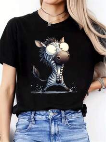 Pure Cotton T-Shirt, Surprise Zebra Print, Stylish Women's Clothing, Curvy Women's Clothing, Cute Outfits, Sexy, Women's Vacation Wear, Cosplay, Many Koreans Bought It - 黑色 - 查看 1