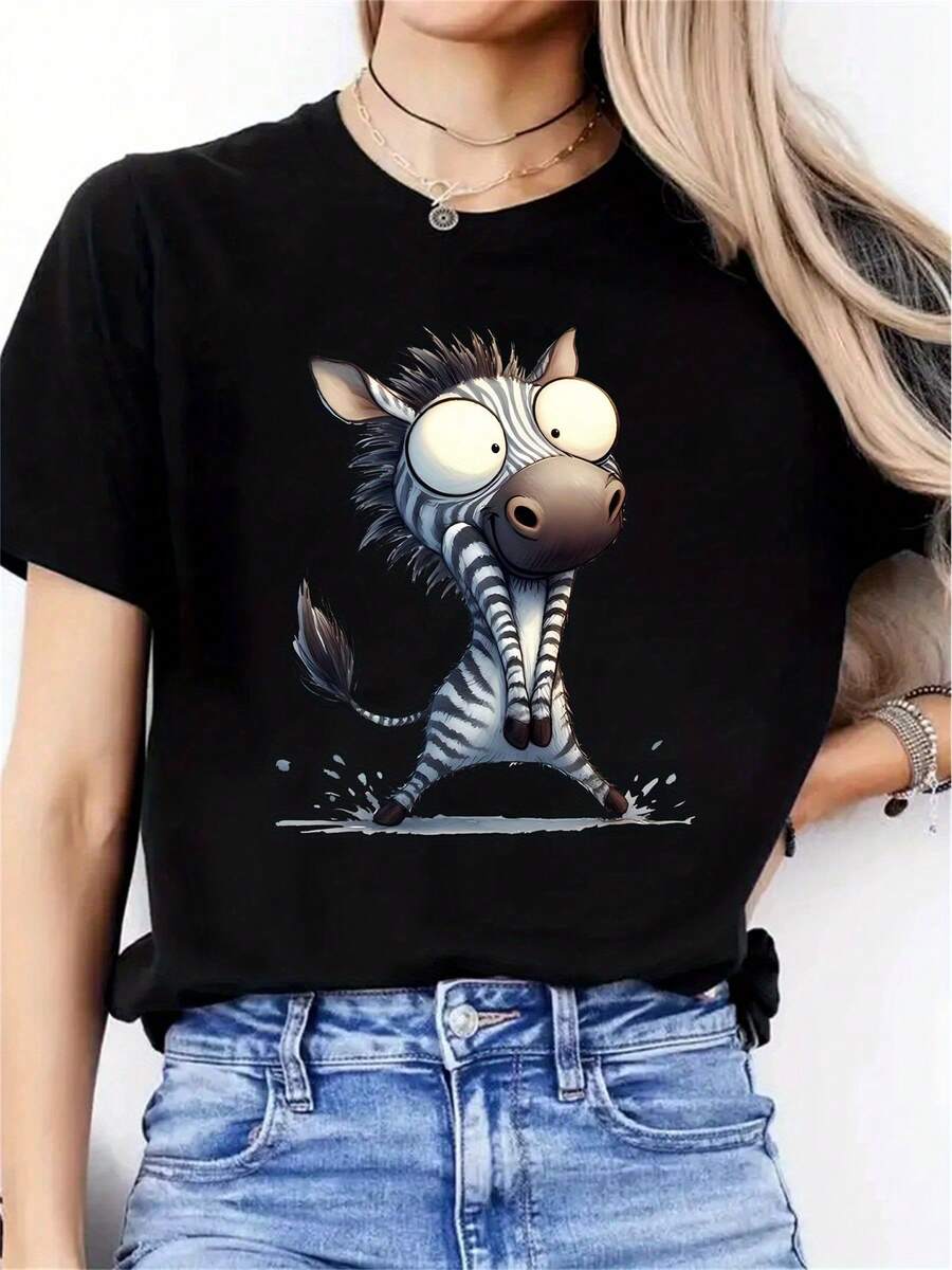 Pure Cotton T-Shirt, Surprise Zebra Print, Stylish Women's Clothing, Curvy Women's Clothing, Cute Outfits, Sexy, Women's Vacation Wear, Cosplay, Many Koreans Bought It - 黑色 - 查看 1