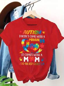 [Family Love] Autism Awareness T-Shirt For Moms - Design With The Phrase "Autism Doesn't Have An Instruction Manual, It Has A Mom Who Never Gives Up", Casual Crew Neck, Short Sleeves - 紅色 - 查看 2