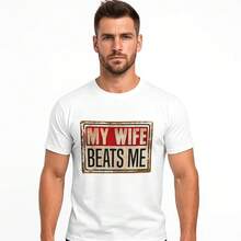 Short-Sleeved Cotton T-Shirt, Funny T-Shirt With The Phrase "My Wife Hits Me", Husband T-Shirts With The American Flag, Men's T-Shirt. - 白色 - 查看 6
