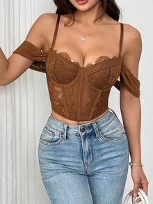 RAHQ Sheer Floral Lace Bustier, Y2K Hot Weather Crop Top For Urban Daily OOTD - Brown - View 1