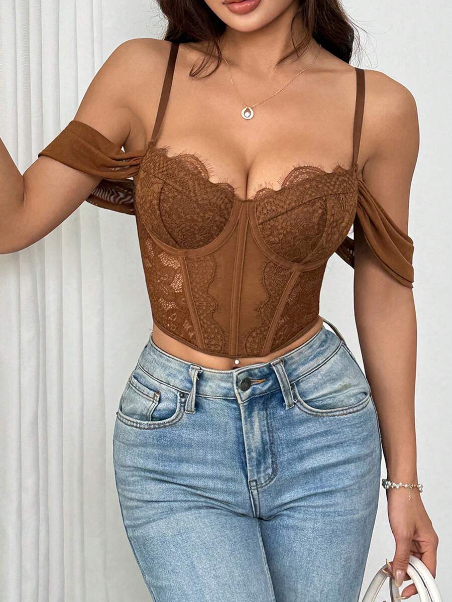 RAHQ Sheer Floral Lace Bustier, Y2K Hot Weather Crop Top For Urban Daily OOTD - Brown - View 1