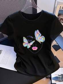 Slim Fit, Butterfly Print Design Surrounding A Woman's Face - 2 Styles - Women's Casual Fashion Sportswear, Solid Color Details With Waist Pleats, Pul - White - View 8